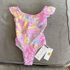 Girls Floral Ruffle One-Piece Swimsuit in Pink & Yellow